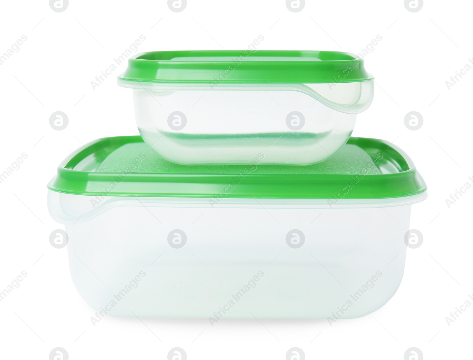 Photo of Empty plastic containers on white background. Food storage