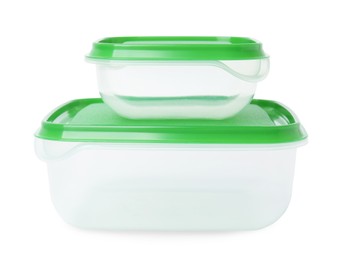 Photo of Empty plastic containers on white background. Food storage