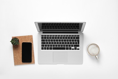 Photo of Laptop, smartphone, houseplant and cup of coffee on white background, flat lay