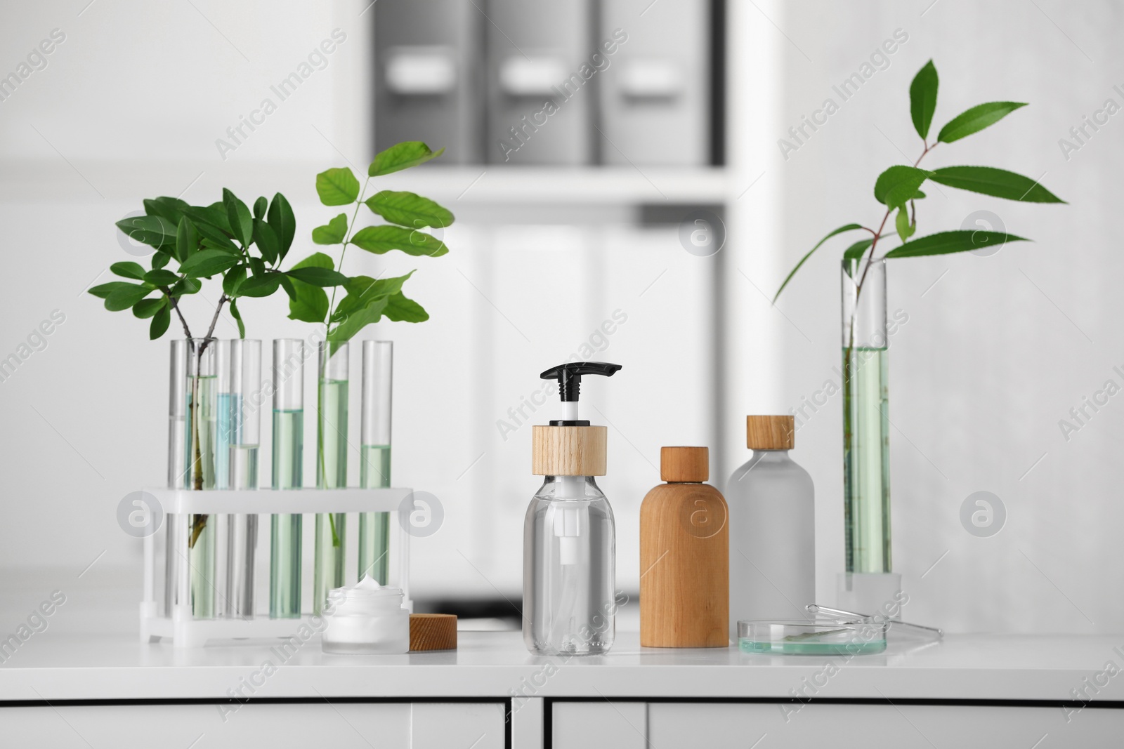 Photo of Bottles and glass tubes with leaves on white lab drawer indoors