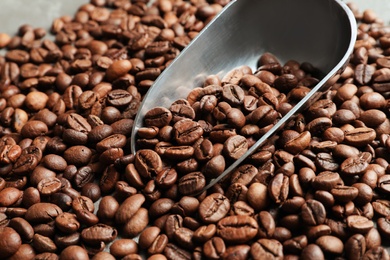 Photo of Pile of roasted coffee beans and scoop, closeup