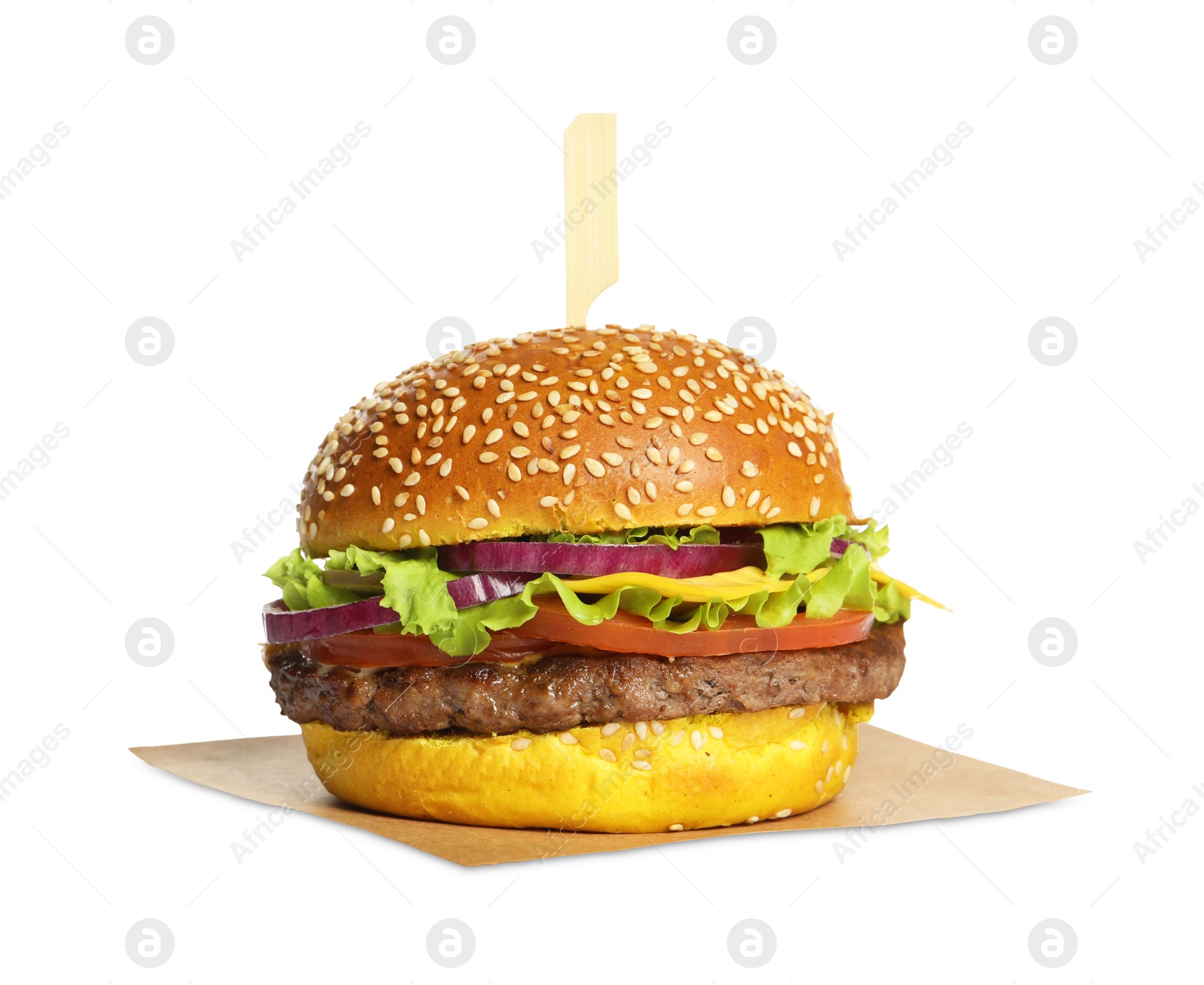 Burger with delicious patty isolated on white Photo of Burger with delicious patty isolated on white