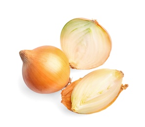 Photo of Fresh onions on white background. Ripe vegetable