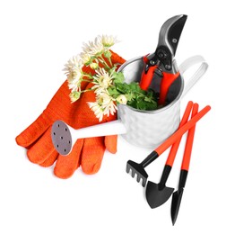 Watering can with flowers and gardening tools on white background