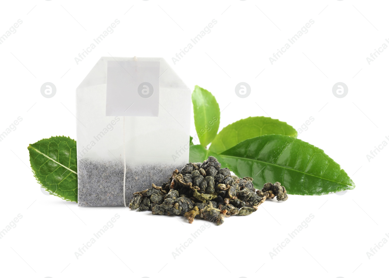 Image of Tea bag with leaves on white background