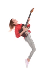 Young woman playing electric guitar on white background