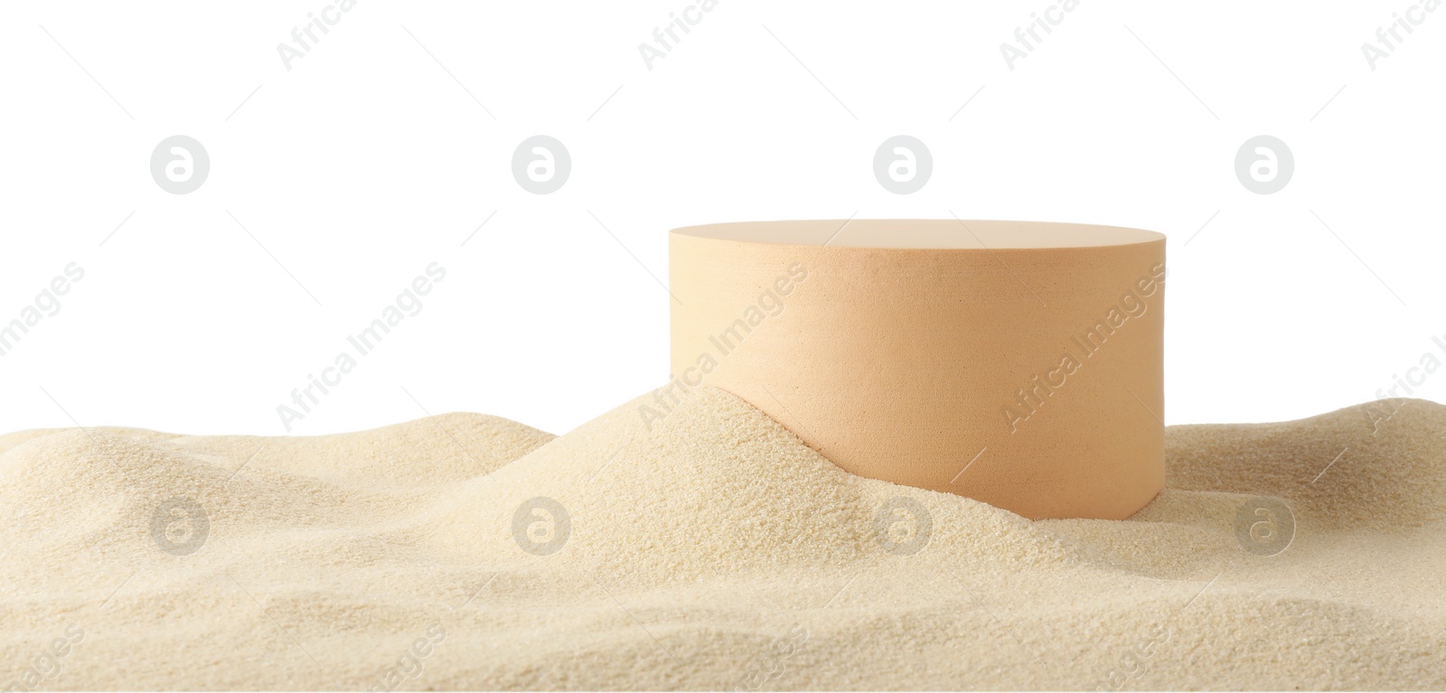 Photo of Presentation of product. Beige podium on sand against white background