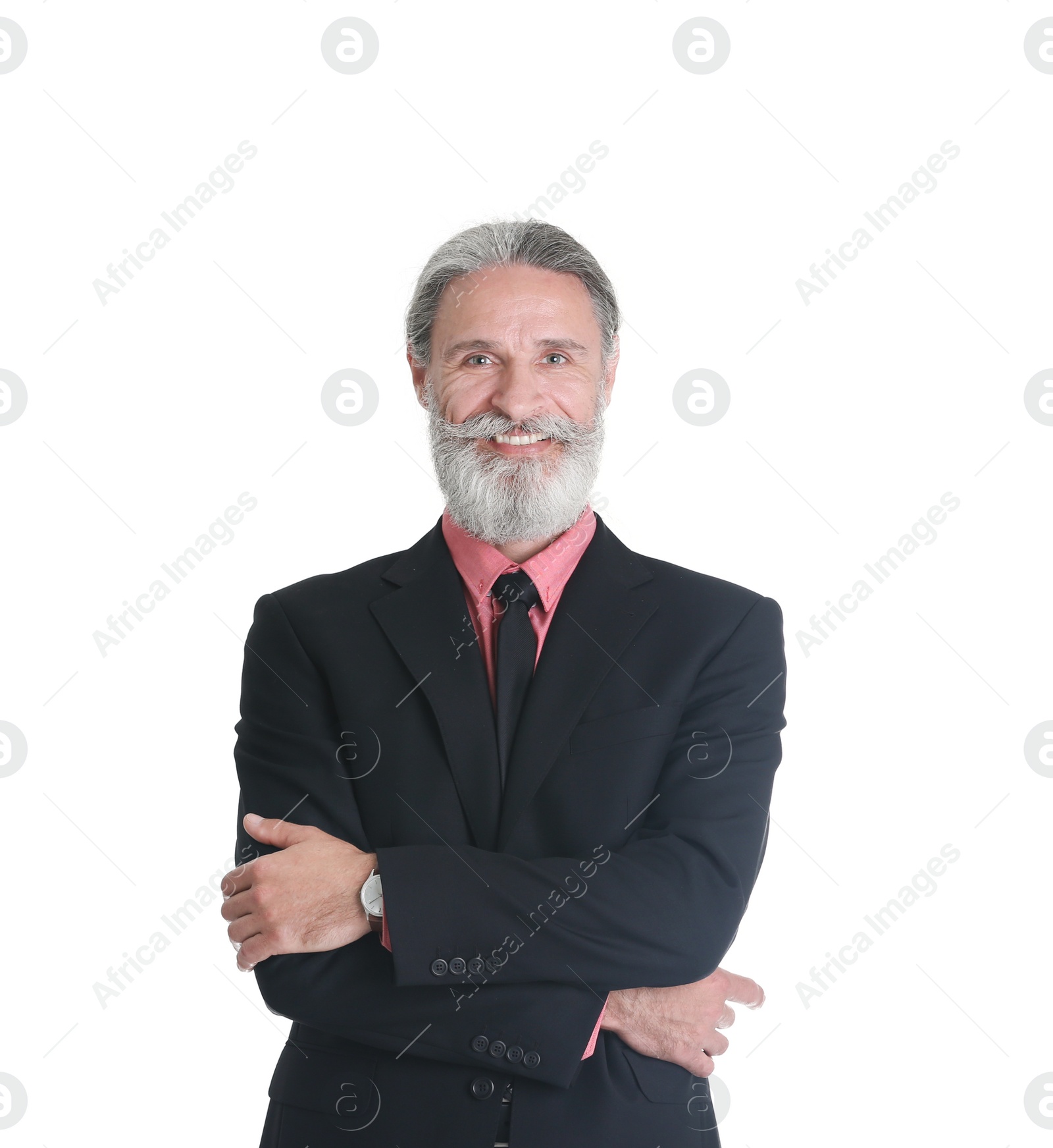 Photo of Handsome bearded mature man in suit on white background