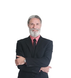 Photo of Handsome bearded mature man in suit on white background