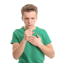 Photo of Teenage boy suffering from cough isolated on white