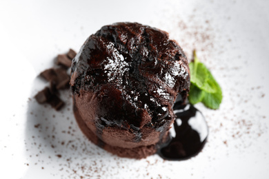 Delicious warm chocolate lava cake with mint on plate, above view