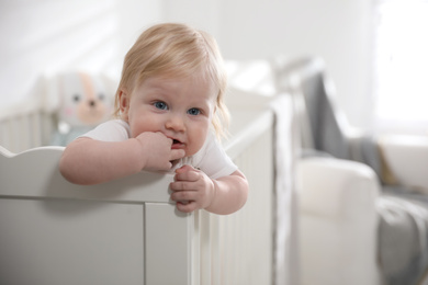 Photo of Adorable little baby in crib at home