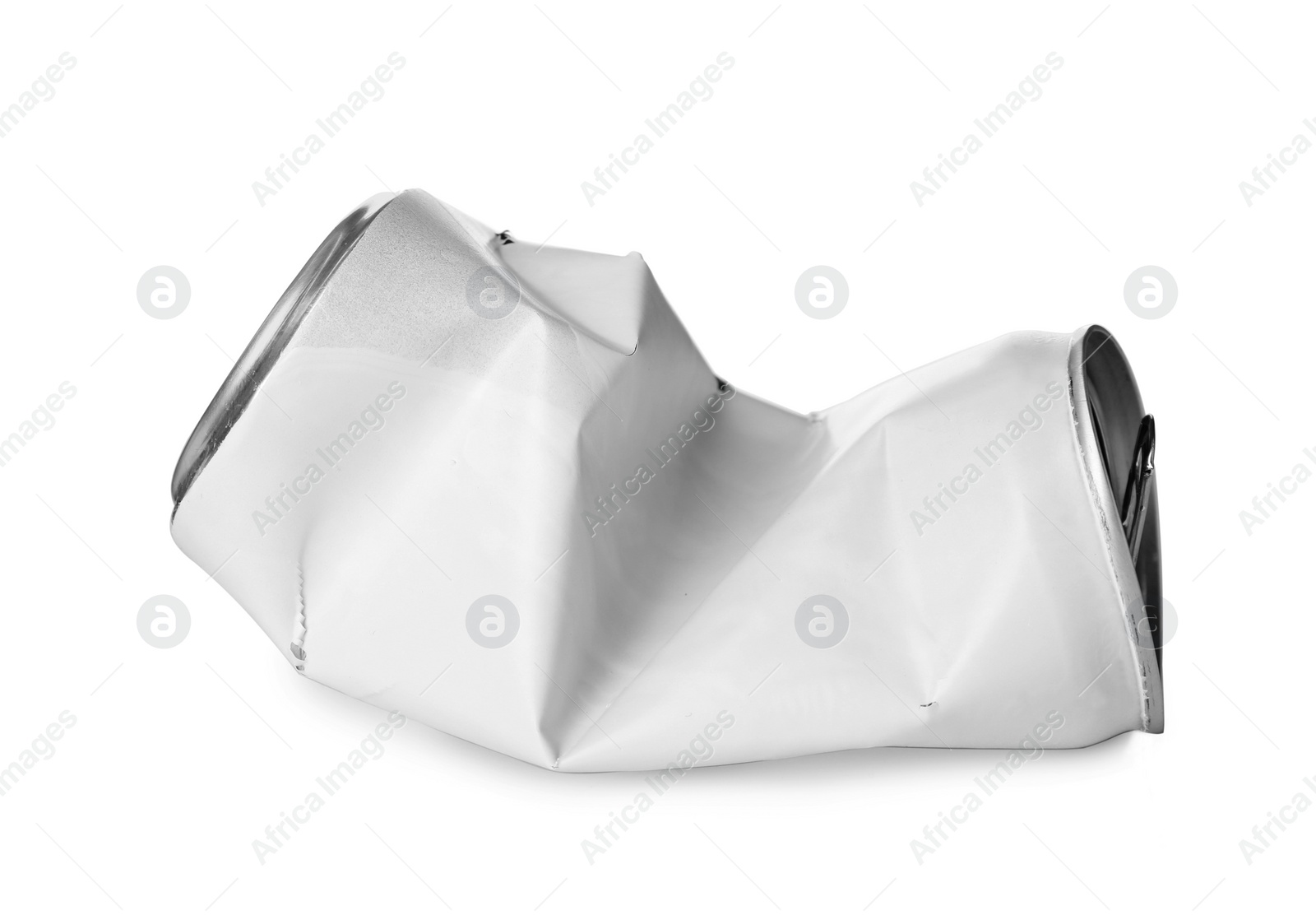 Photo of Empty crumpled aluminum can on white background