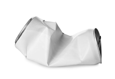 Empty crumpled aluminum can on white background