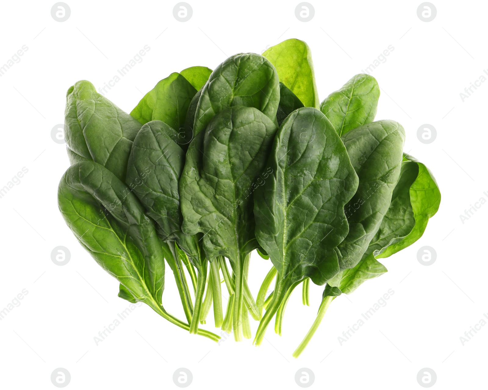 Photo of Fresh green healthy spinach leaves isolated on white, top view