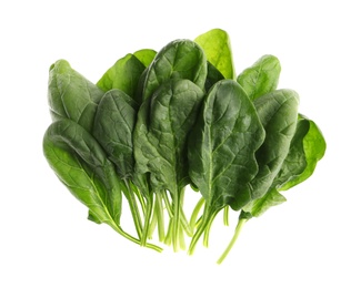 Photo of Fresh green healthy spinach leaves isolated on white, top view