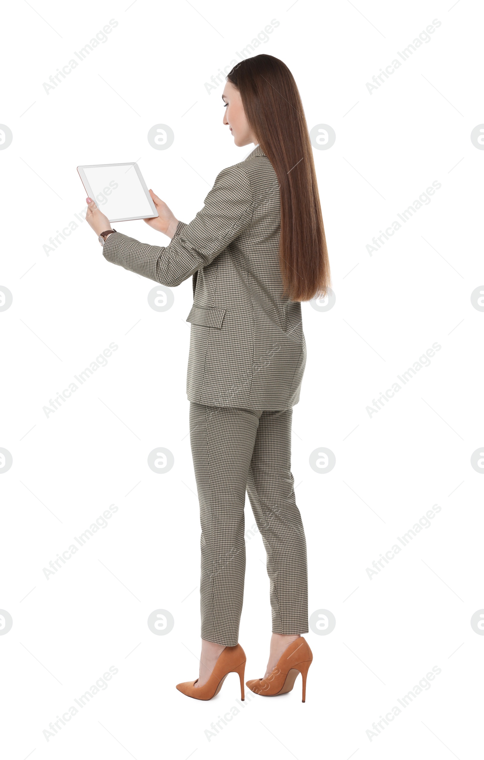 Photo of Woman holding tablet with blank screen on white background