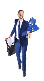 Businessman with diving equipment, briefcase and documents running on white background. Combining life and work