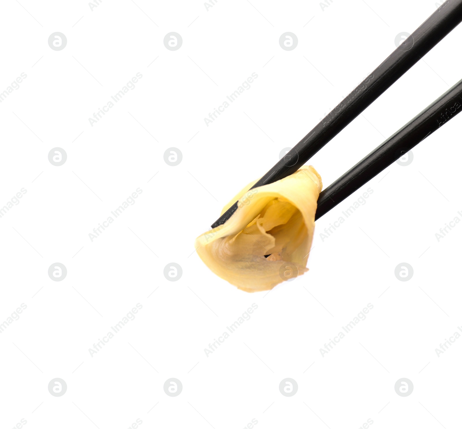 Photo of Chopsticks with pickled ginger on white background