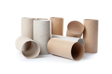 Empty toilet paper rolls on white background