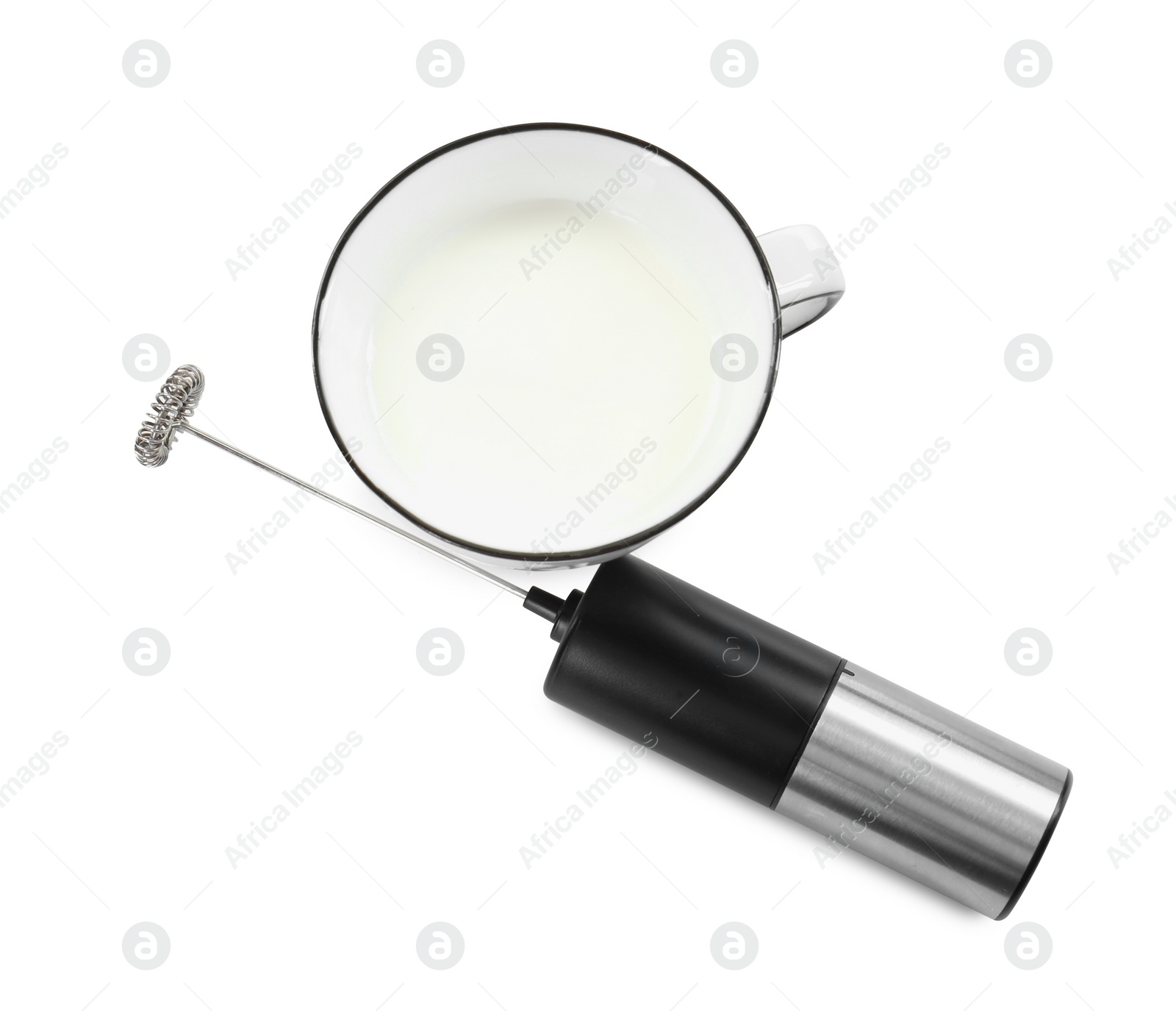 Photo of Milk frother wand and cup isolated on white, top view