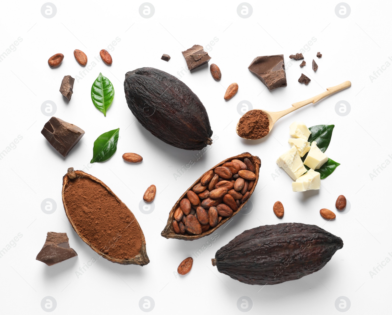 Photo of Composition with cocoa pods, powder and beans on white background, top view