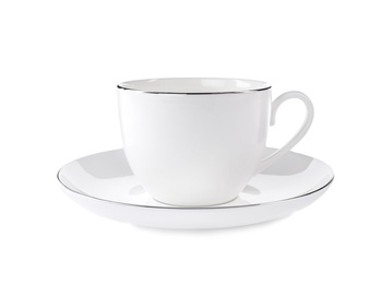 Photo of Teacup with saucer isolated on white. Kitchen tableware