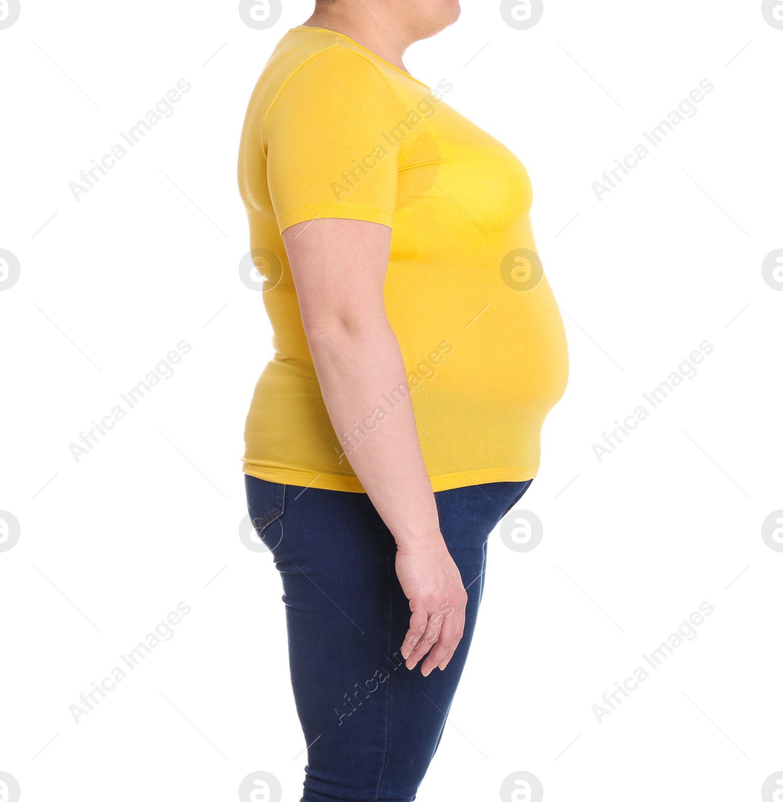 Photo of Overweight woman on white background, closeup. Weight loss