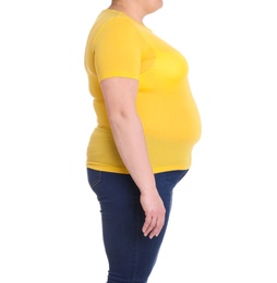 Overweight woman on white background, closeup. Weight loss