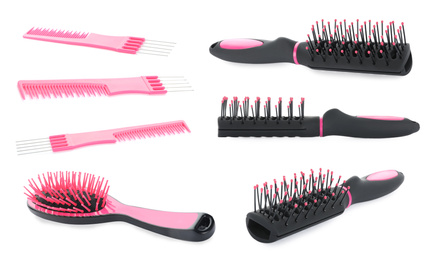 Image of Set with different hair brushes and combs on white background