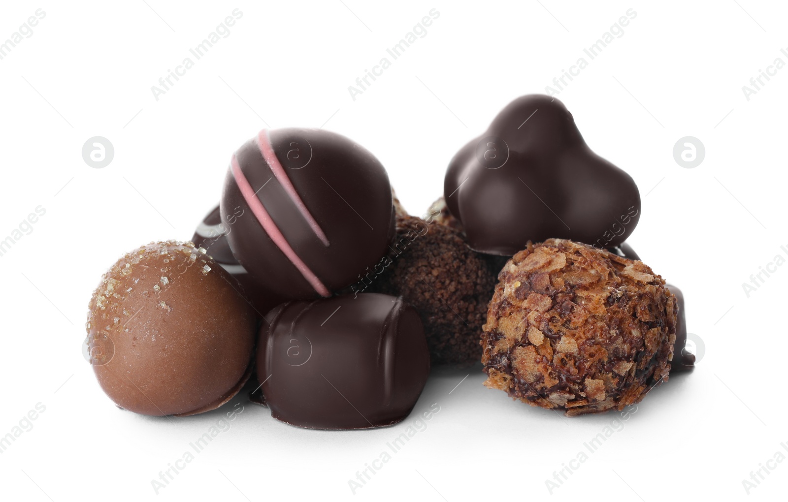 Photo of Variety of tasty chocolate candies isolated on white