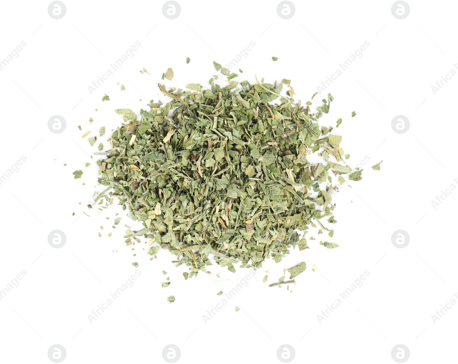 Photo of Heap of dried parsley on white background, top view