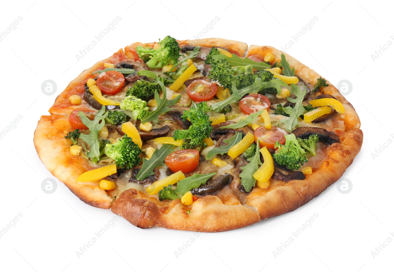 Photo of Delicious vegetarian pizza with mushrooms, vegetables and arugula isolated on white