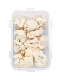 Plastic container with different fresh cut cauliflower isolated on white, top view