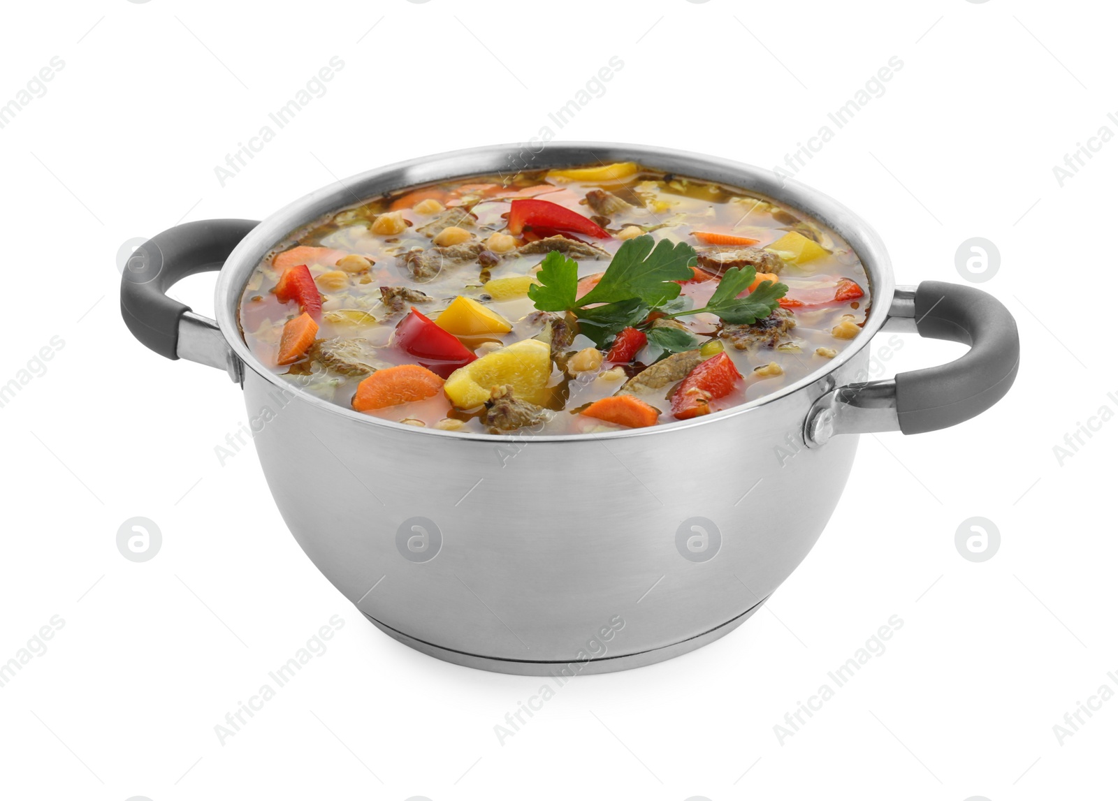 Photo of Saucepan of delicious vegetable soup with beef isolated on white