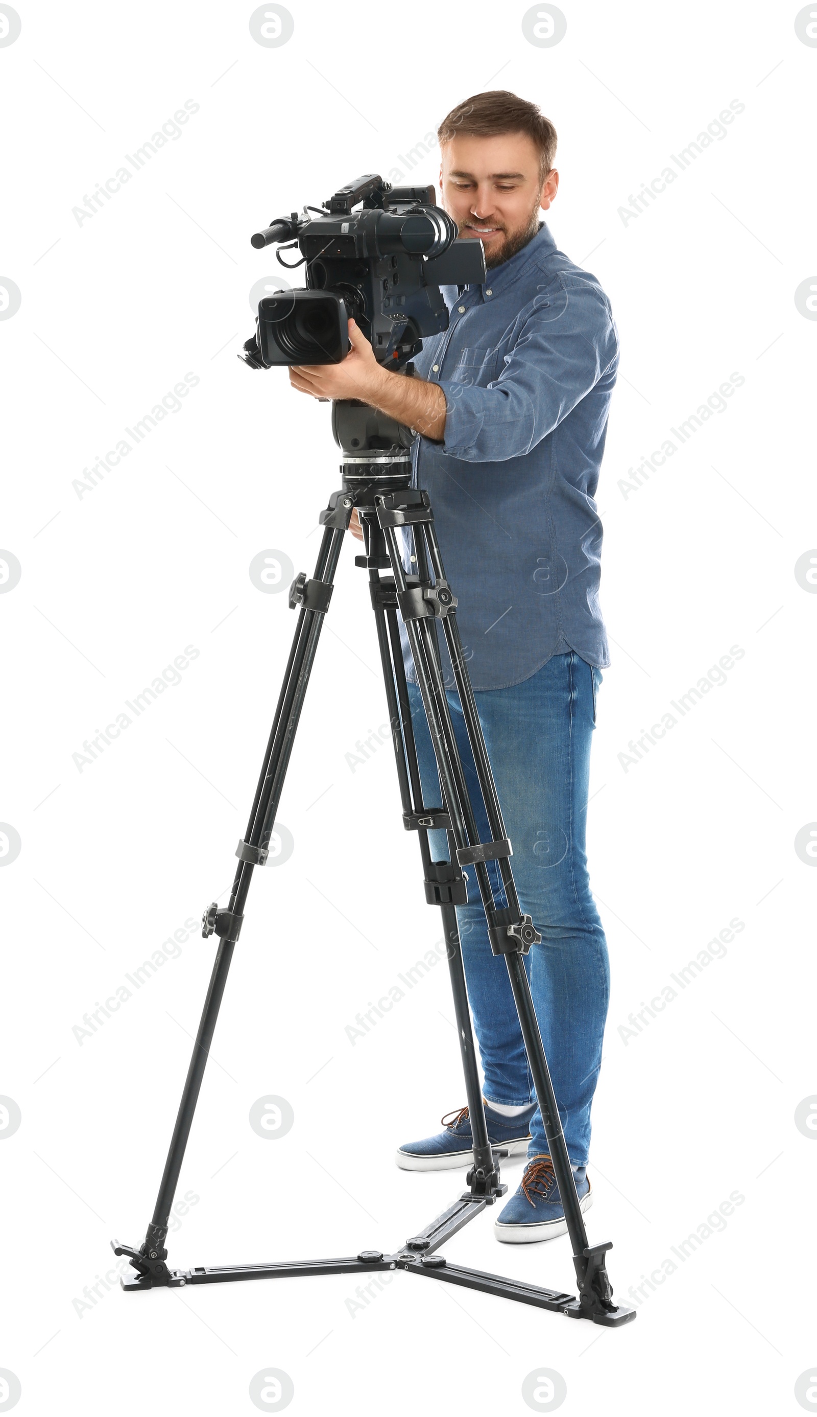 Photo of Operator with professional video camera on white background