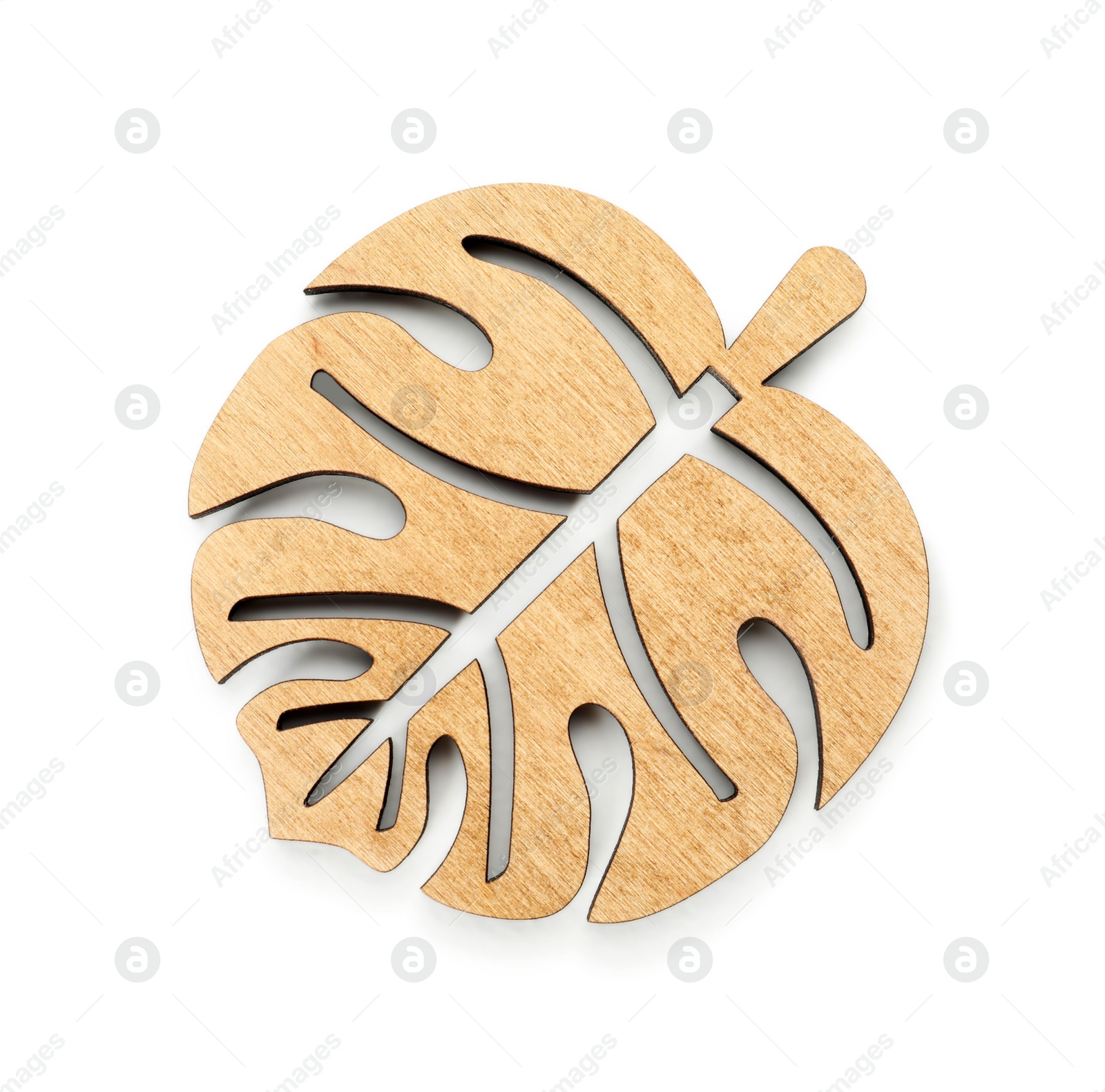 Photo of Leaf shaped wooden cup coaster isolated on white, top view