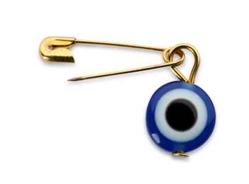 Photo of Evil eye safety pin on white background, top view