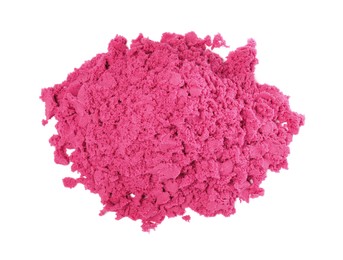 Pile of pink kinetic sand on white background, top view