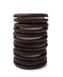 Photo of Stack of tasty sandwich cookies isolated on white