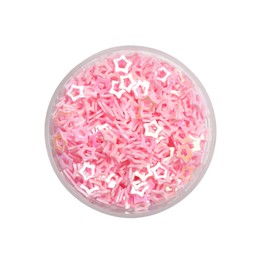 Photo of Pink sequins in shape of stars on white background, top view