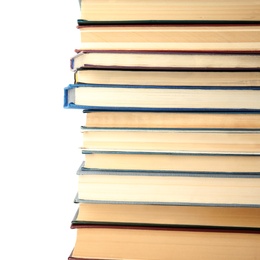 Photo of Stack of hardcover books on white background