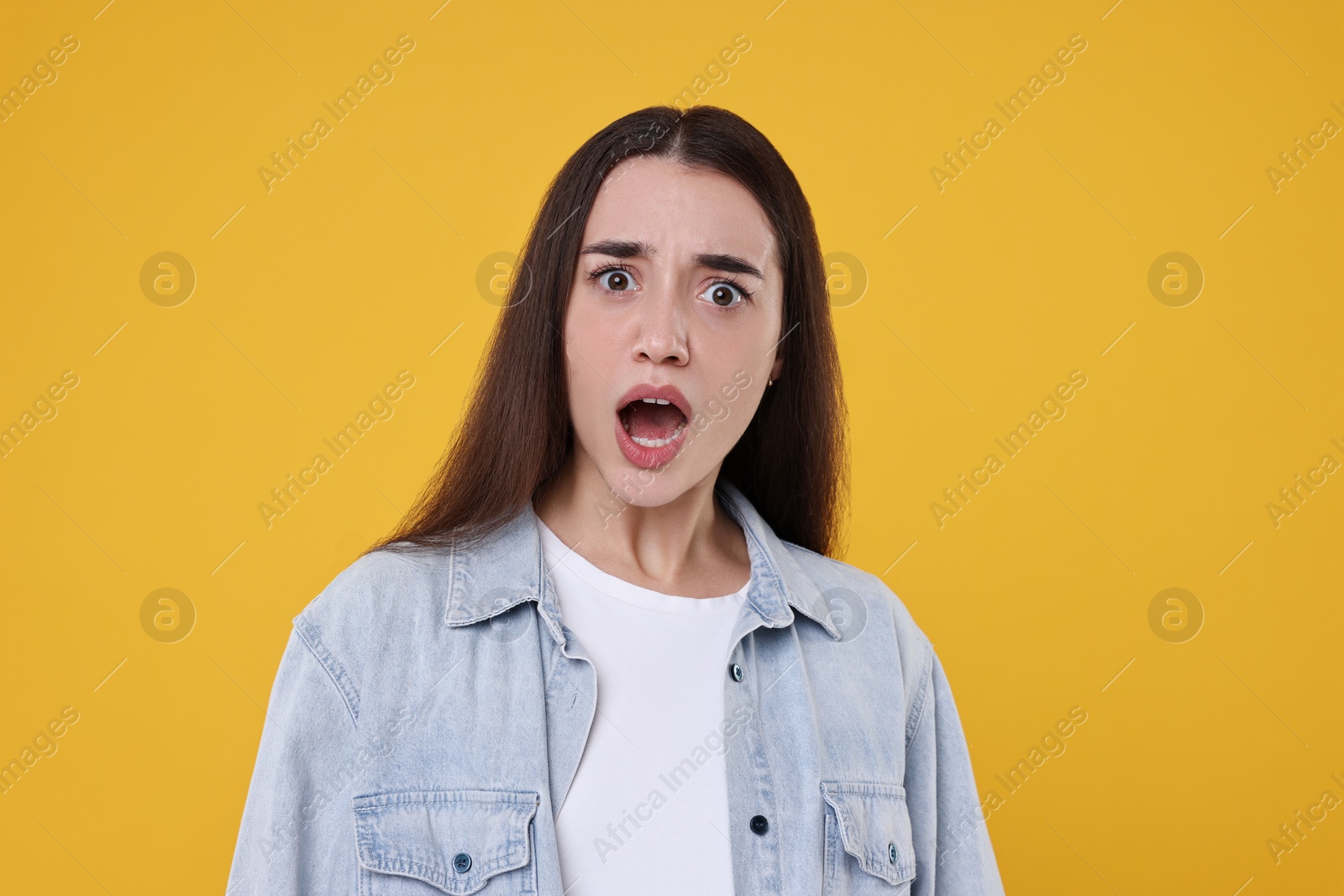 Photo of Portrait of surprised woman on orange background