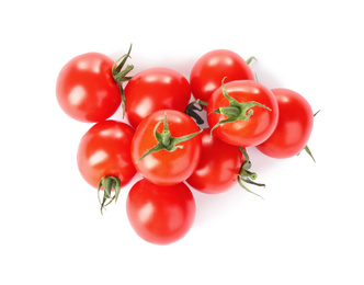 Tasty fresh raw tomatoes isolated on white, top view