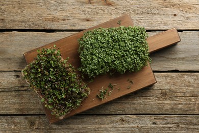 Fresh microgreens on wooden table, top view