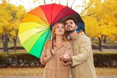 Photo of Happy couple with colorful umbrella in park