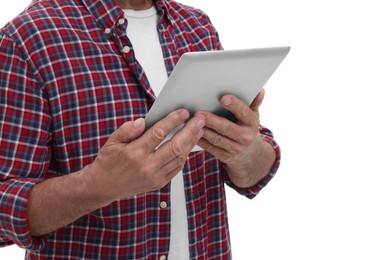 Photo of Man with tablet on white background, closeup