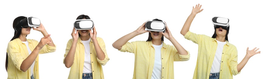 Image of Young woman using virtual reality headset on white background, collage. Banner design