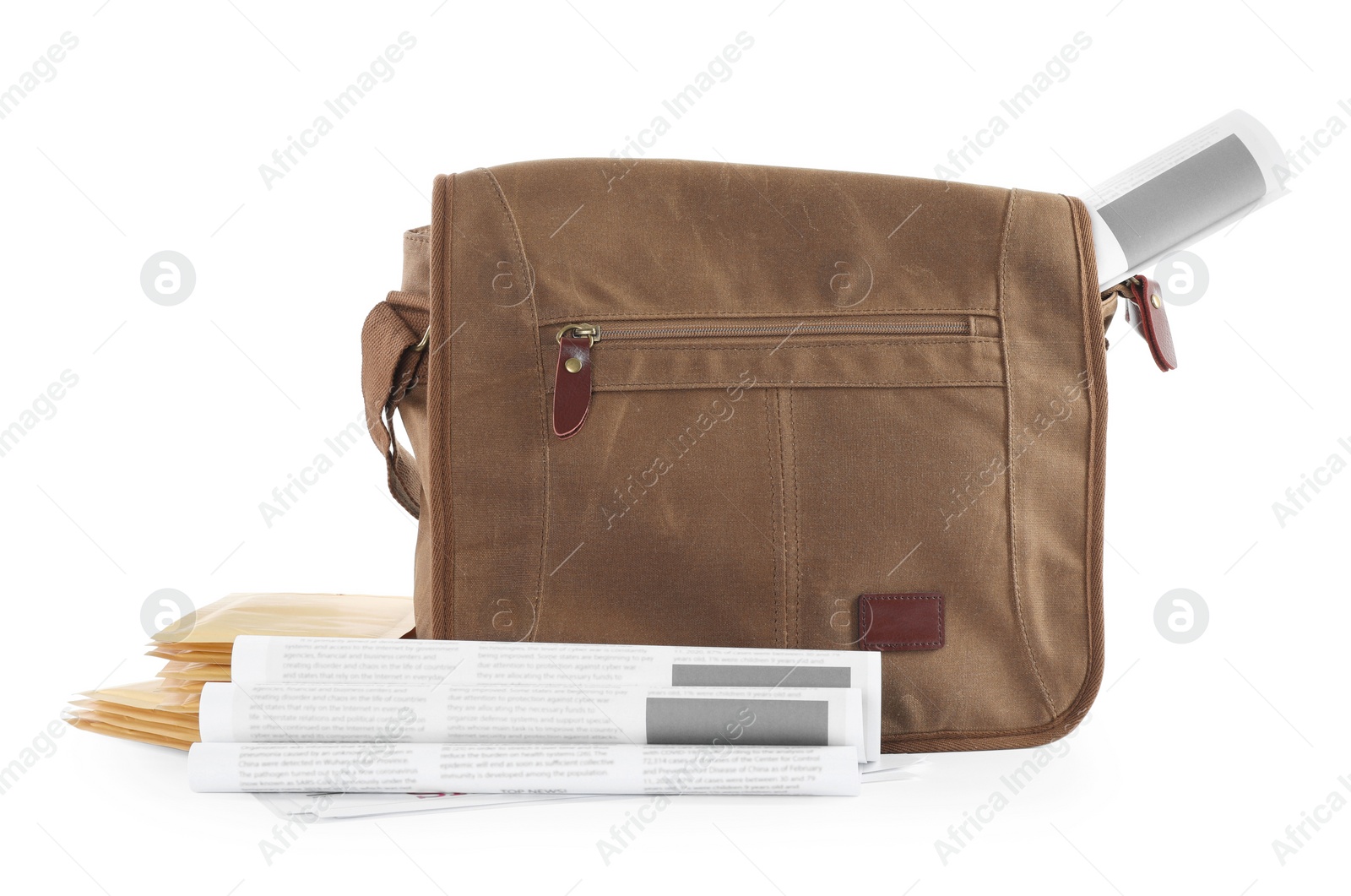 Photo of Brown postman's bag, envelopes and newspapers on white background