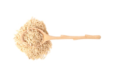 Photo of Spoon and uncooked brown rice on white background, top view